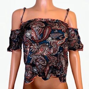 Love Tease Paisley Cold Shoulder Crop Top - Red and blue medium 100% rayon